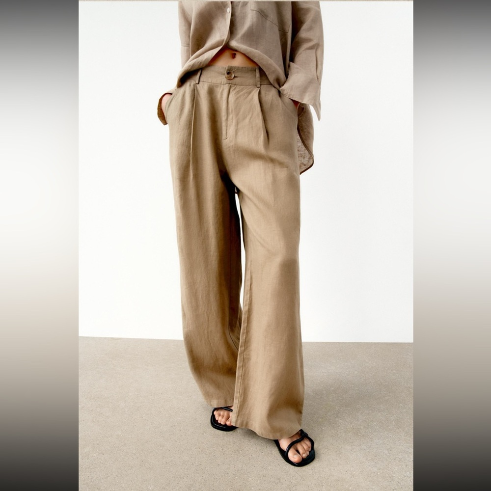 Zara Tan Wide Leg Linen Pants - Picture 2 of 6